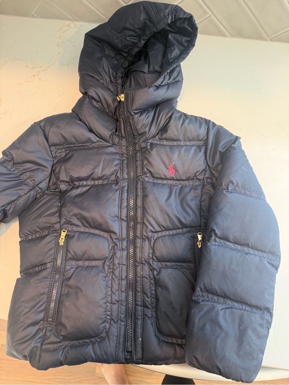 Ralph Lauren Navy Puffer Coat with Pink Polo Logo. Size girls 7